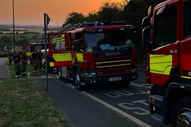 Emergency 999 fire calls have increased in Derbyshire and Nottinghamshire since the beginning of the heatwave. Pictured are fire crews at the scene of a blaze at Bolsover Castle on Monday.