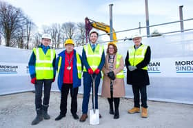 A ceremony to mark progress with work at the school rebuild site. From the left: Concertus Associate Director Paul Cockayne, Bramley Vale Primary School Headteacher Rob Rumsby, Derbyshire County Council Cabinet Member for Education Councillor Alex Dale (holding spade), Derbyshire County Council Head of Development Jenny Webster and Midlands Area Director for Morgan Sindall Construction Richard Fielding.