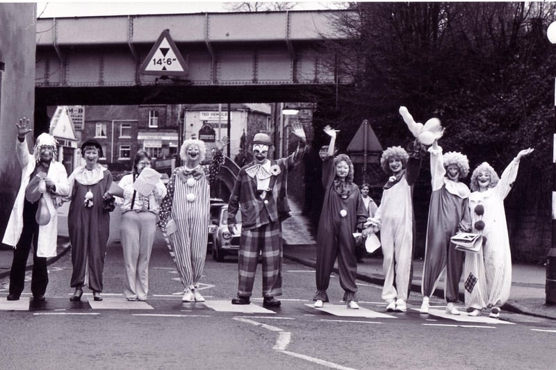 Staff at NatWest Bank stage a hold-up in Dronfield in aid of Comic Relief in 1989.