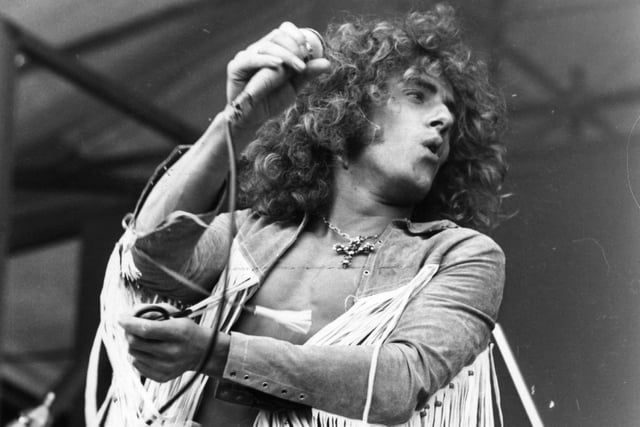 Singer Roger Daltrey performing with rock group the Who at the Isle of Wight Festival of Music, 1969.   (Photo by McCarthy/Getty Images)