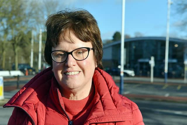 Coun Tricia Gilby, Chesterfield Council leader, outside the town's railway station.