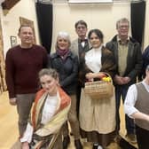 Andrew Marples (musical director), Coun Susan Hobson, Chris Rooke (who plays Henry Higgins), Petra Nolan ( who plays Eliza Dolittle), Coun Gareth Gee, Lindsay Jackson (chair of Chatsworth Players), with Grace Day and Susan Day (ensemble members) on the front row.