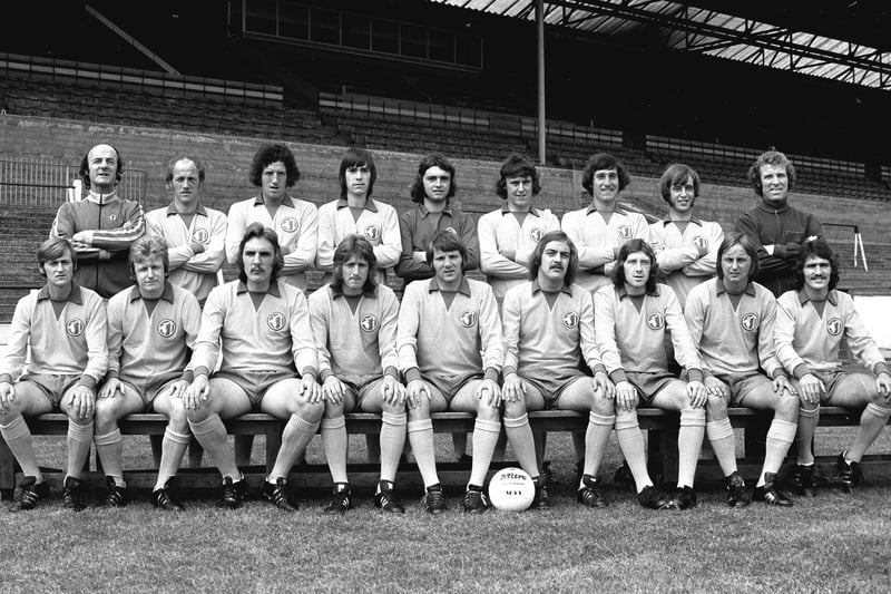 Champions to be - Mansfield Town 1974-75 - Back from left: D. Smith, manager, C. Walker, M. Hailwood, T. Cook R. Arnold, A. Shore, C. Foster, B. Foster and J. Haselden coach. Front row: P. Matthews, J. McCaffery, T. Eccles, K. Bird, S. Pate, G. Hodgson, M. Laverick, D. O'Connor and J. Lathan.
