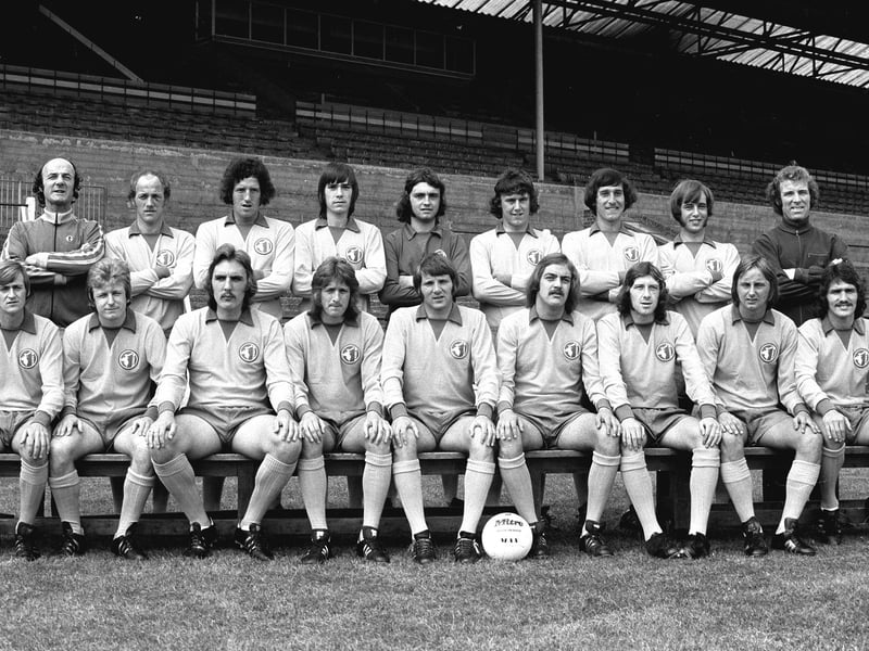 Champions to be - Mansfield Town 1974-75 - Back from left: D. Smith, manager, C. Walker, M. Hailwood, T. Cook R. Arnold, A. Shore, C. Foster, B. Foster and J. Haselden coach. Front row: P. Matthews, J. McCaffery, T. Eccles, K. Bird, S. Pate, G. Hodgson, M. Laverick, D. O'Connor and J. Lathan.