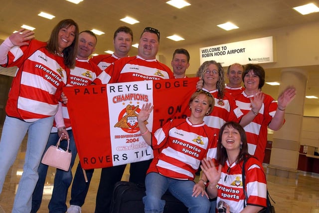 A happy band of Doncaster Rovers fans arrive at Robin Hood Airport bound for Palma on April 28, 2005