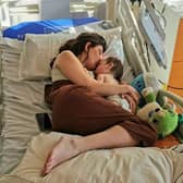 Katy Haag and her son Ezra at Sheffield Children's Hospital after surgery to remove his tumour