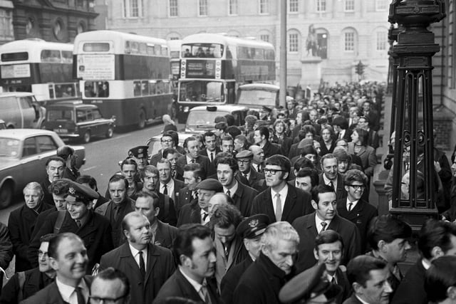 Postal workers arriving back at work at the GPO in Edinburgh after the strike in March 1971.