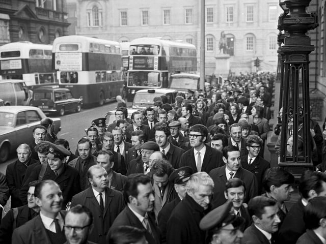 Postal workers arriving back at work at the GPO in Edinburgh after the strike in March 1971.