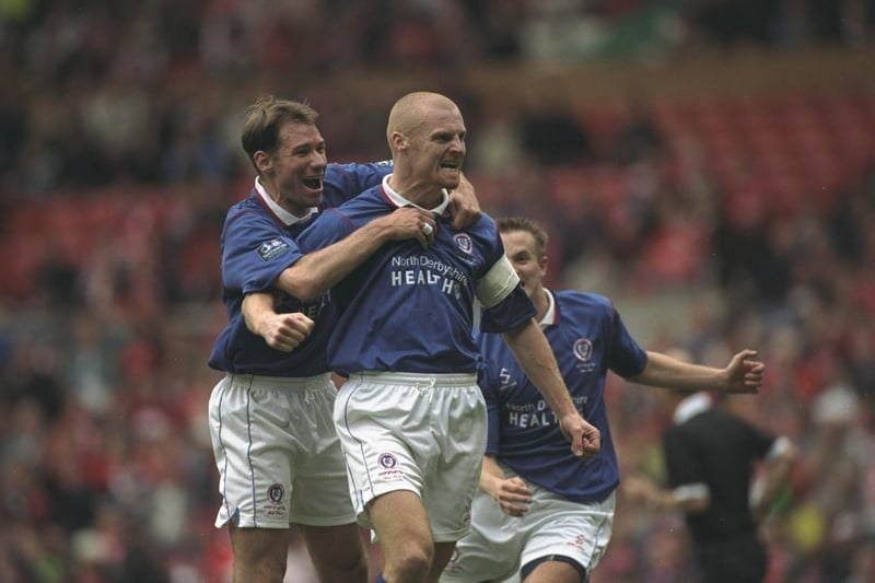 Sean Dyche celebrates after scoring for Chesterfield against Middlesbrough.