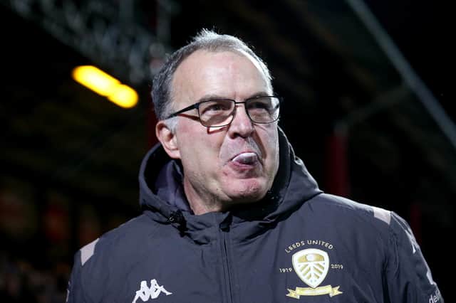 BRENTFORD, ENGLAND - FEBRUARY 11: Marcelo Bielsa, Leeds Manager chews gum during the Sky Bet Championship match between Brentford and Leeds United at Griffin Park on February 11, 2020 in Brentford, England. (Photo by Alex Pantling/Getty Images)