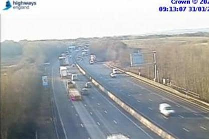 One lane is closed and traffic is moving slowly following an accident on the M1 in Derbyshire this morning (January 31)