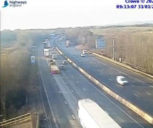 One lane is closed and traffic is moving slowly following an accident on the M1 in Derbyshire this morning (January 31)