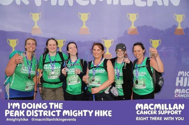 Stacey Forster, Sarah Stimpson, Kirsty Wright, Samantha Jackson, Meaghan Cook and Kelly Perryman, who all work at the Hill Care Group head office in Chesterfield, after successfully completing the 26-mile Peak District Mighty Hike in July 2019 to raise funds for Macmillan Cancer Support.