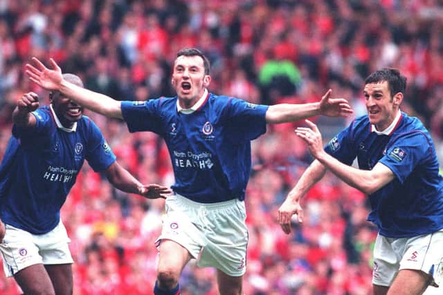 Jamie Hewitt celebrates his last minute extra-time equaliser against Middlesbrough in the 1997 FA Cup semi-final to make it 3-3.
