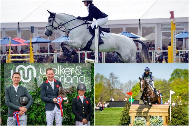 A rider competing in the CC12-s show jumping (main photo: Brian Eyre); Piggy March, right, and Oliver Towend, centre of picture on left (photos: Tim Wilkinson/Eventing Images)