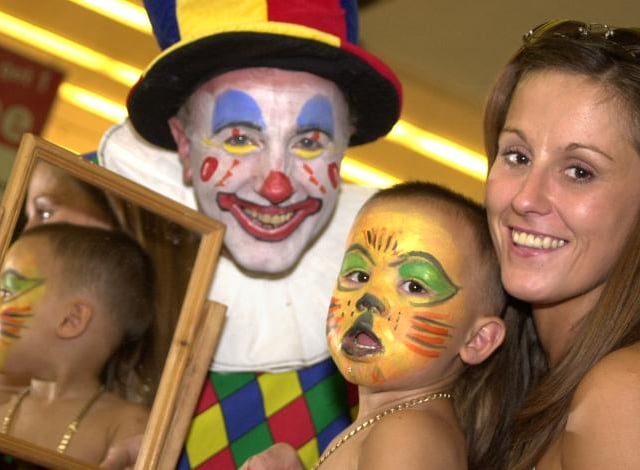 On August 12, 2000, there was an event at the Doncaster Frenchgate called Little Monsters. Here is Asha Forbes painted as a tiger with his mother Julie Bradley. Face painter is Simon Carr.