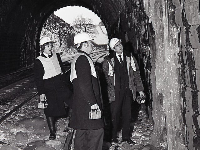 British Rail engineers examining ice in the Cowlow Tunnel, which had built up during a national train drivers strike in 1982