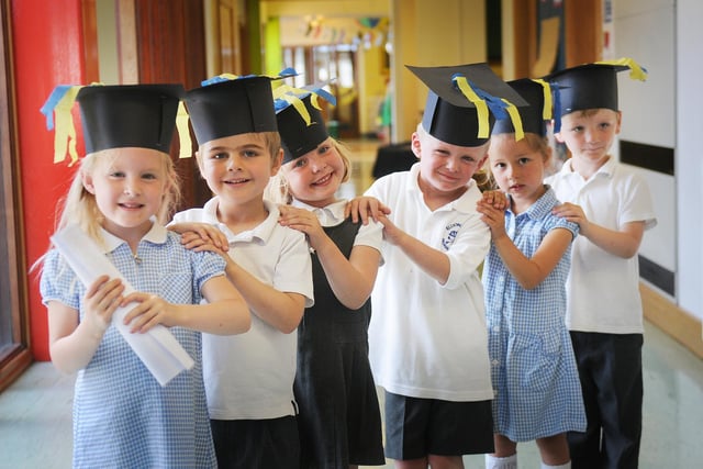 Pictured after the ceremony at Eldon Grove Primary School in 2013 are (left to right) Isobel Dixon, Koby Thompson, Saffron Brown, John Hays, Melissa Thomas and Jaxon Lamplough.