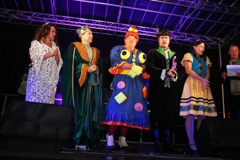 The cast of the panto at the Pomegranite Jack and the beanstalk were there to help with the switch of Chesterfield's Christmas lights.