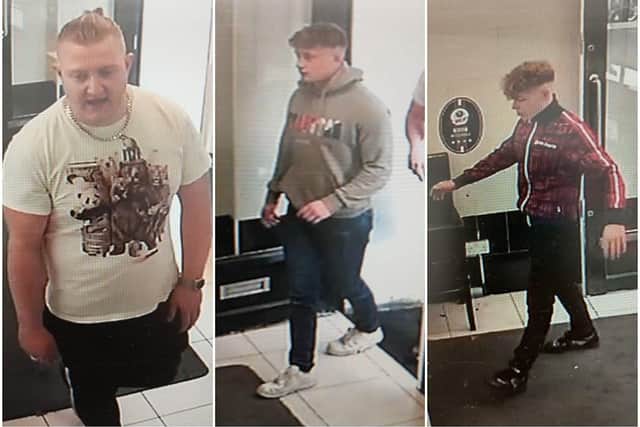 Derbyshire police want to speak to these three men after an assault in Chesterfield. Image: Derbyshire police.