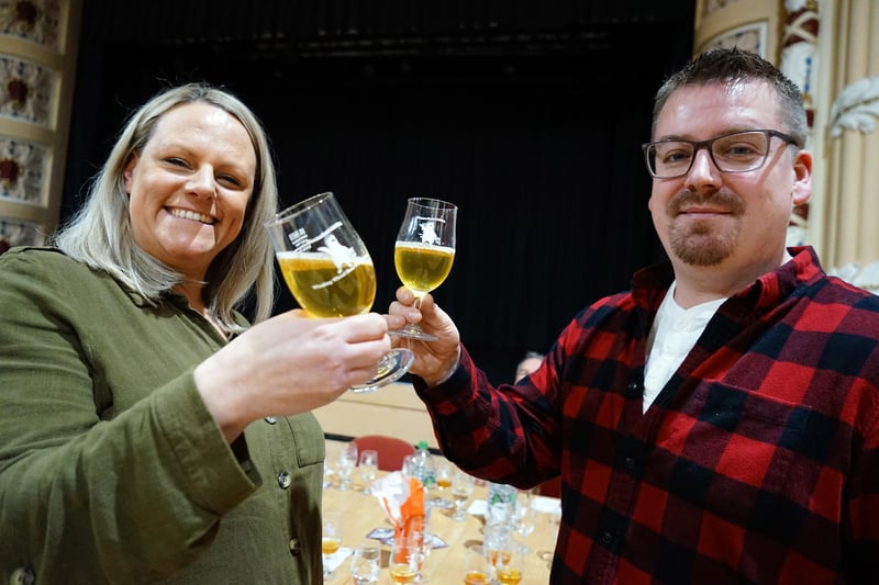 Josh and Emma Clarke from Chesterfield Arms - the newest brewery in Chesterfield with  their Resting Devil ale.