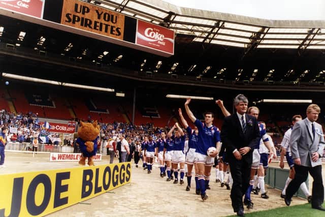 John Duncan leads Chesterfield out at Wembley against Bury in the 1995 play-off final.