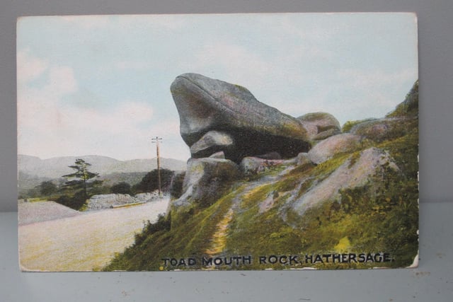 Postcard depicts Toad's Mouth rock, near Hathersage. The aptly named boulder is located at Burbage Bridge