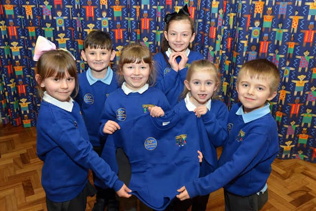 Speedwell Infant School at Staveley celebrates its 50th anniversary this year. Kira, Joey, Lily-Mae, Ela, Sophia and Isaac with their anniversary jumpers.