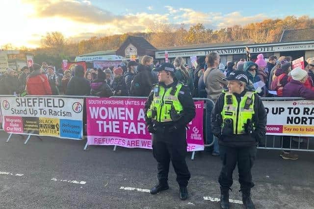 Counter Protesters Supporting Refugees Are Fenced Off At The Sandpiper Asylum Seeker Hotel Immigration Demo, Taken By Bbc Ldr Jon Cooper.