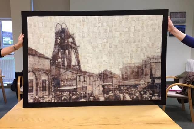 This collage was made and donated to the Markham Vale Heritage Group by Markham Vale company Noonah. It shows people waiting for news in the pit yard after the 1938 disaster and is made up of pictures of all the men killed in the three disasters.