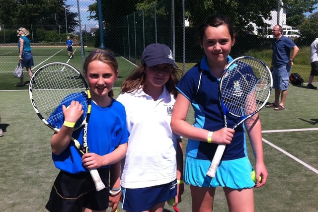 Mount St Mary's trio (L-R) Emilia, Kate and Talitha take part in a world record at the Chesterfield Lawn Tennis Club.