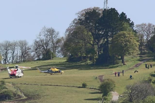 The two rescue helicopters touched down in Matlock. Photo: John Finch