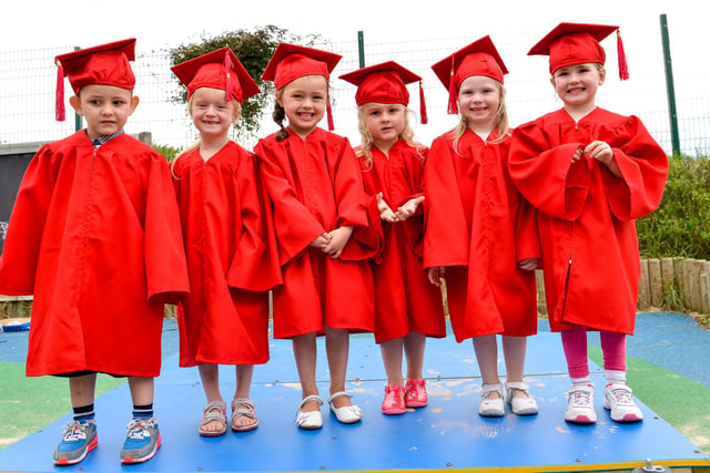 Children leaving Kiddikins Nursery on the Central Estate held a graduation ceremony. Pictured, from left, are Zac Hopper, Maizy Redshaw, Poppy Cawley, Ella Simpson, Amily Heithington and Cerys Southcott.