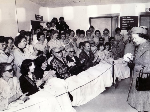Queen Elizabeth II visit Derbyshire on 15th March 1985. The Queen is pictured opening Chesterfield Royal Hospital and talking to some of the patients and staff during her tour.