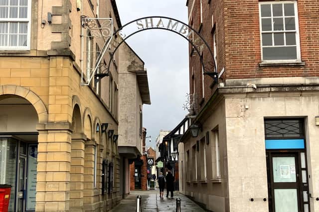 The gateway to The Shambles shopping quarter, off Chesterfield Market Place