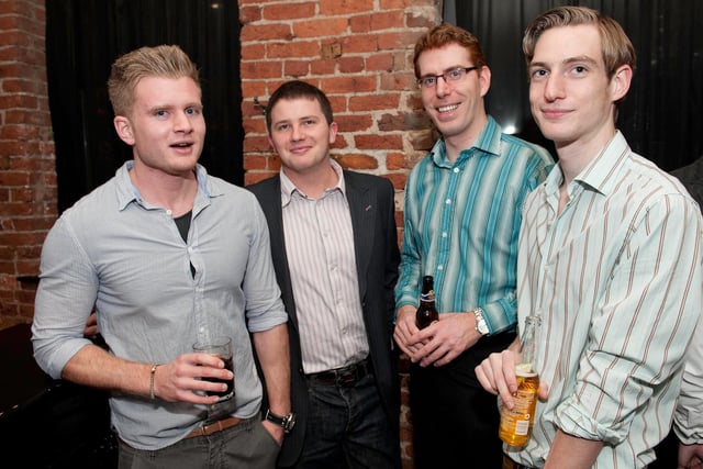 Josh Pearson, Tom Lomas, Adam Hulme and Josh Mayo on the Lawyers Christmas spotlight at the Crystal Bar in 2011