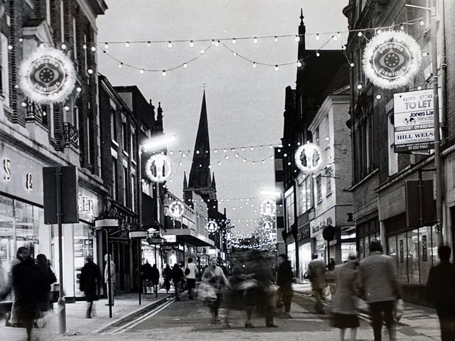 Christmas decorations on Burlington Street, Chesterfield, 1982.