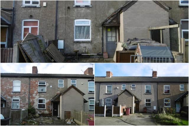 56 Westlea, Clowne (top) is currently occupied with the tenant wishing to remain, 24 Westlea, left, and 45 Westlea, right, require repair/improvement.