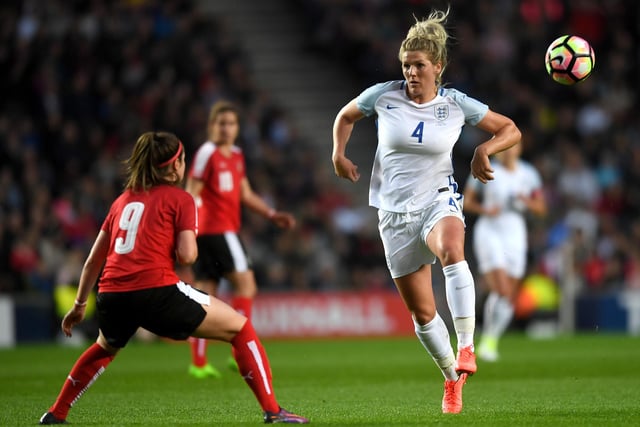 Bright takes on Sarah Zadrazil of Austria during the Women's International Friendly match between England and Austria at Stadium MK in 2017.