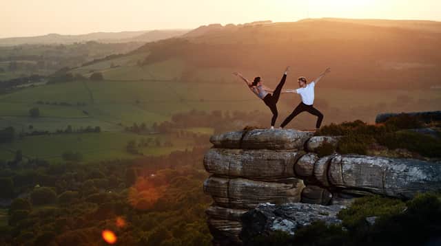 Josh Crowther and Lydia Barker perform at Curbar Edge in the Peak District. Photo: Simon Bernacki