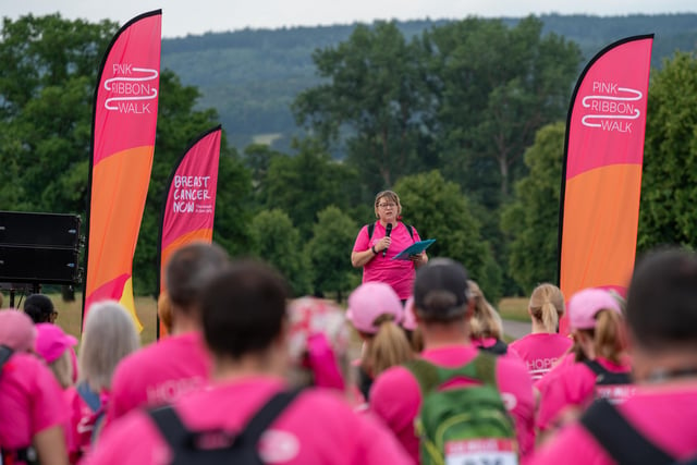 Alona Duff from Lincolnshire told the walkers at Chatsworth about how Breast Cancer Now supported her after she was diagnosed and treated for breast cancer four years ago. The 49-year-old mum walked the 20-mile route. Photo: Breast Cancer Now