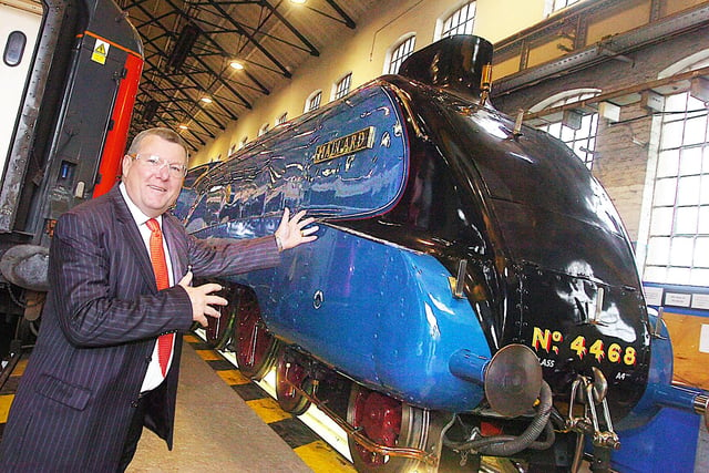 Doncaster Councillor Bob Johnson with World Record holder A4 Pacific Mallard at Wabtec Works, Doncaster