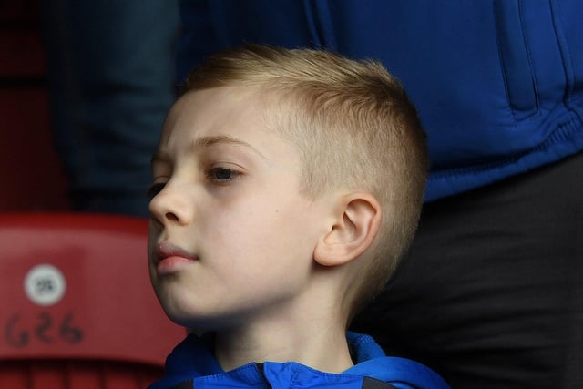 A Chesterfield fan before kick-off at Blundell Park ahead of a 1-0 defeat for Spireites on 7th April 2018.