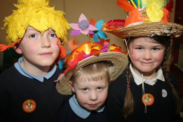 Jack Harris, Nathan East and Kizzy Andrassy in Easter bonnet parade at Newbold Cof E School, Chesterfield.