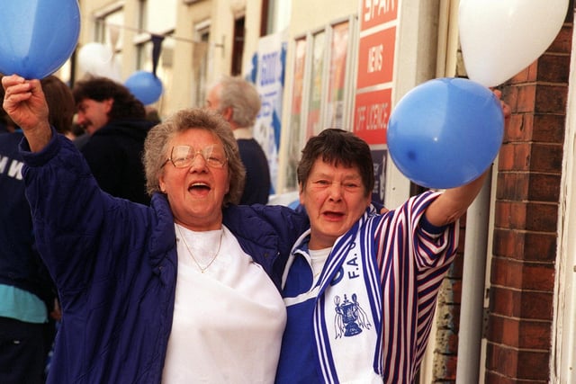 Chesterfield Fans Jean Oates and Kathleen Norton getting in the spirit for the FA Cup semi final replay.
