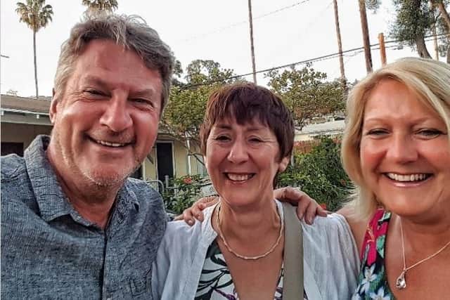 Philip Childs and his wife Maggie Moran, with Paula Kingdon, centre, in Santa Barbara, California, USA, in 2018, after Paula flew out for Maggie's 60th birthday, while Philip was working in Los Angeles.