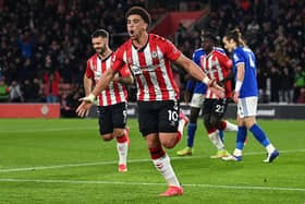Che Adams celebrates scoring for Southampton against Leicester in the Premier League.