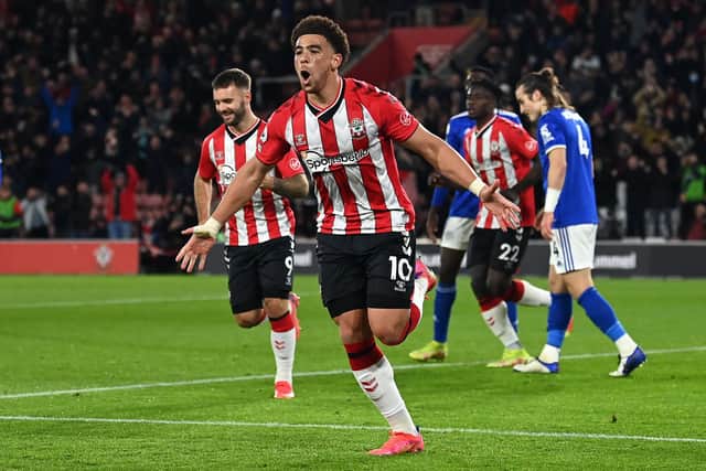 Che Adams celebrates scoring for Southampton against Leicester in the Premier League.