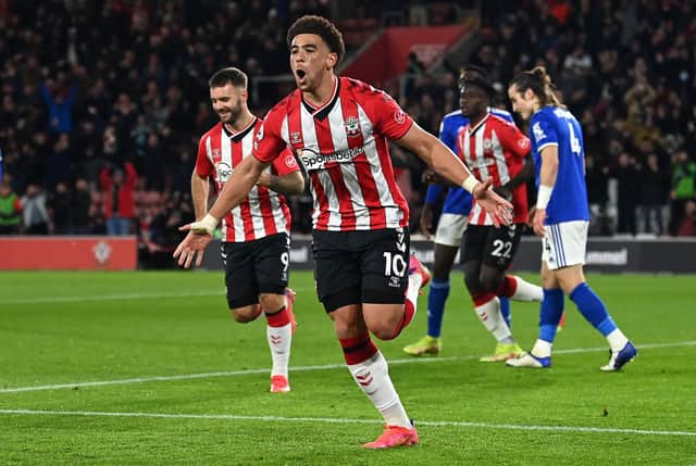 Che Adams celebrates scoring for Southampton against Leicester in the Premier League.