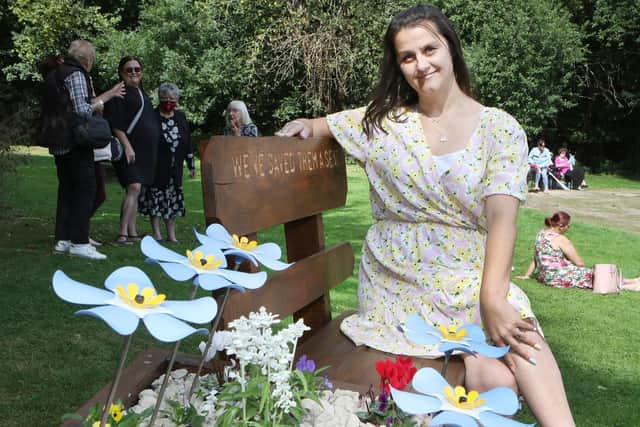 Nicola Mousley - whose husband Ian died from coronavirus - at the memorial bench at Creswell Crags. Pictures by Jason Chadwick.